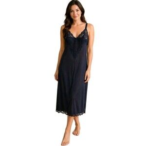 Vintage Vassarette Nightie Nightgown Dress Navy Nylon Floral Lace Size 32